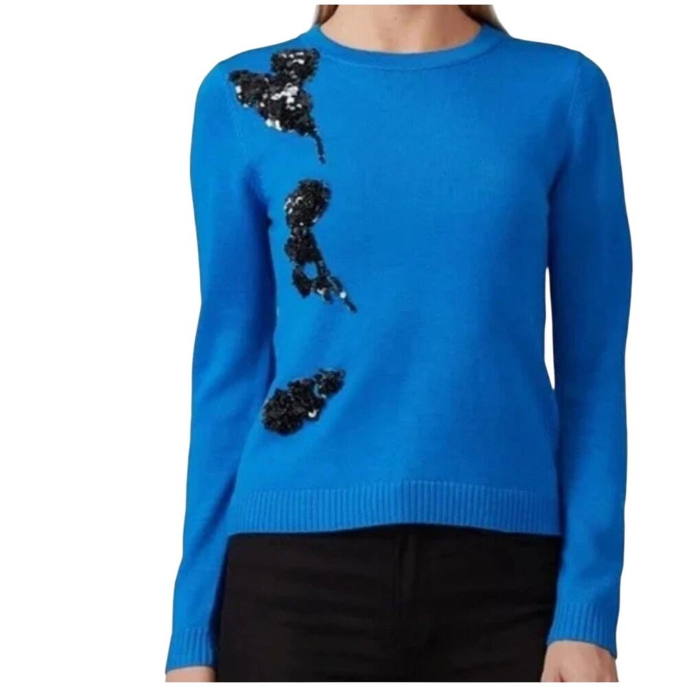 Prabal Gurung Collective Cerulean Blue Wool Blend Sweater Black Sequin